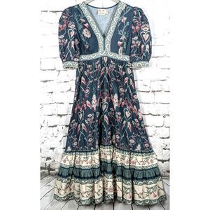 ESPECIA Love Birds Print Bohemian Maxi Dress Cottage Romantic Feminine Medium